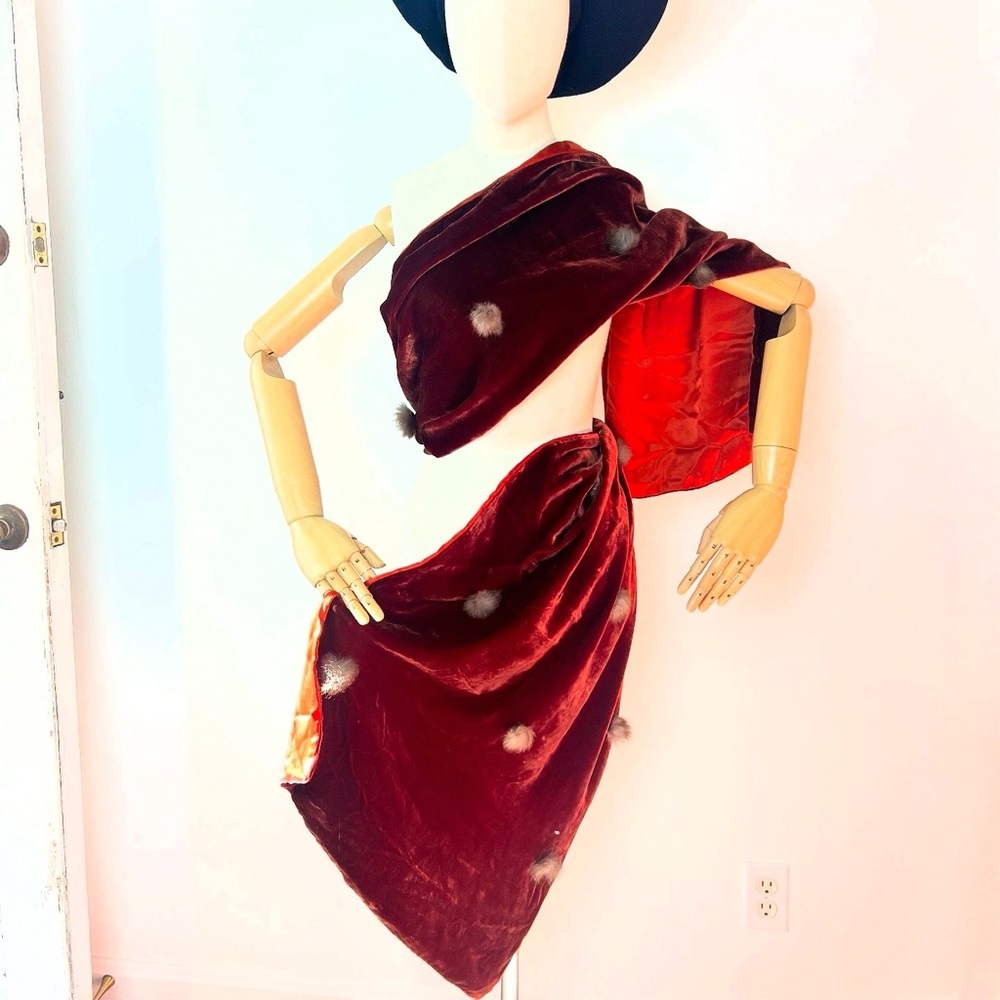 RUST SILK VELVET & SATIN 1950’s 50s Vintage Retro Vintage Rabbit Fur Shawl Wrap - Picture 2 of 16